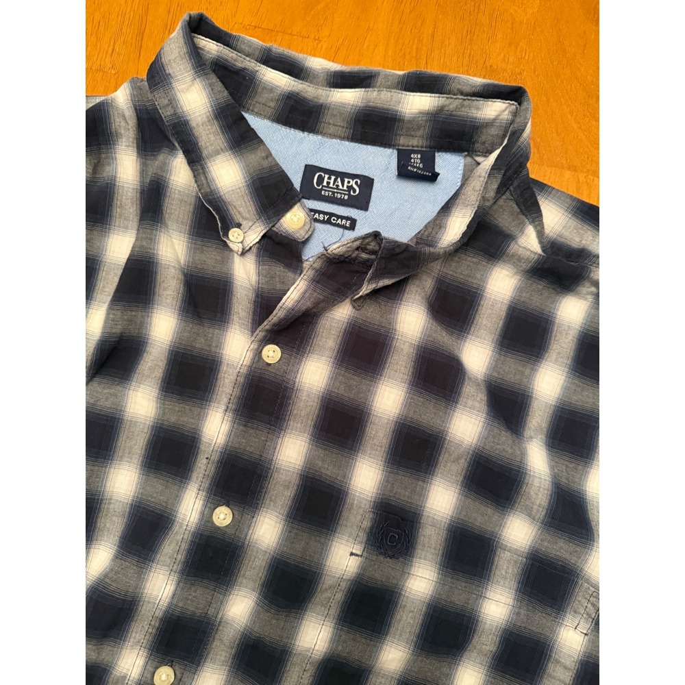 Chaps Mens Navy Blue White Plaid Easy Care Button Down Shirt 4XB Big & Tall